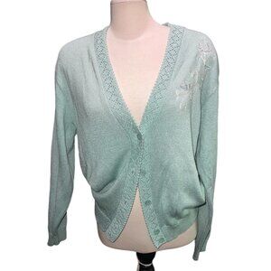 Southern Lady Vintage Deep V Neck Knit Embroidered Cardigan Sz Medium Womens Aqu
